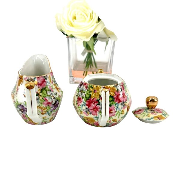 Vintage Nippon Yoko Boeki Cream And Sugar Dish Set Servers Pink Floral JAPAN - Picture 4 of 14